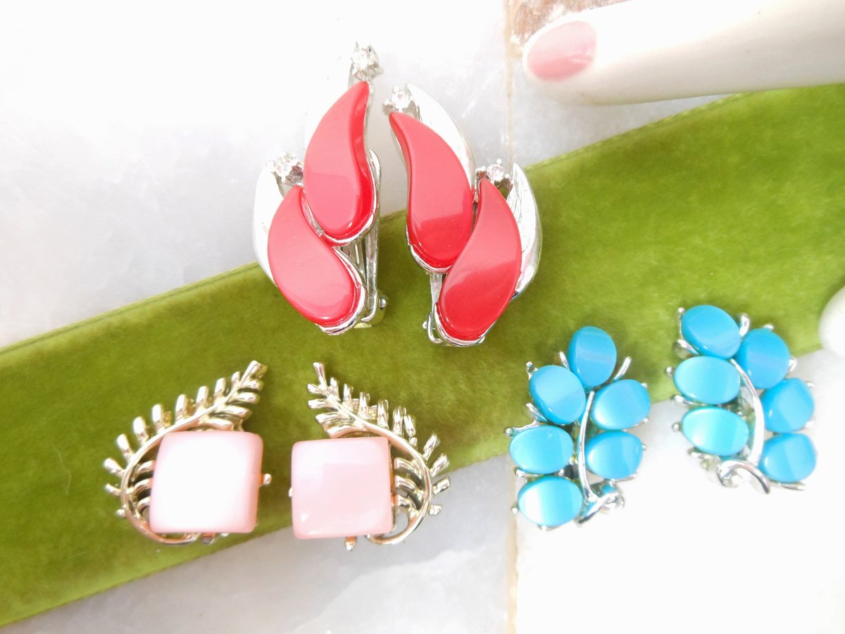 Vintage Earrings LOT 3 Plastic Lucite Clip On Pink Teal Red Satin Moonglow Thermoset CORO Mid Century Jewelry Gift, VivianJoel.com