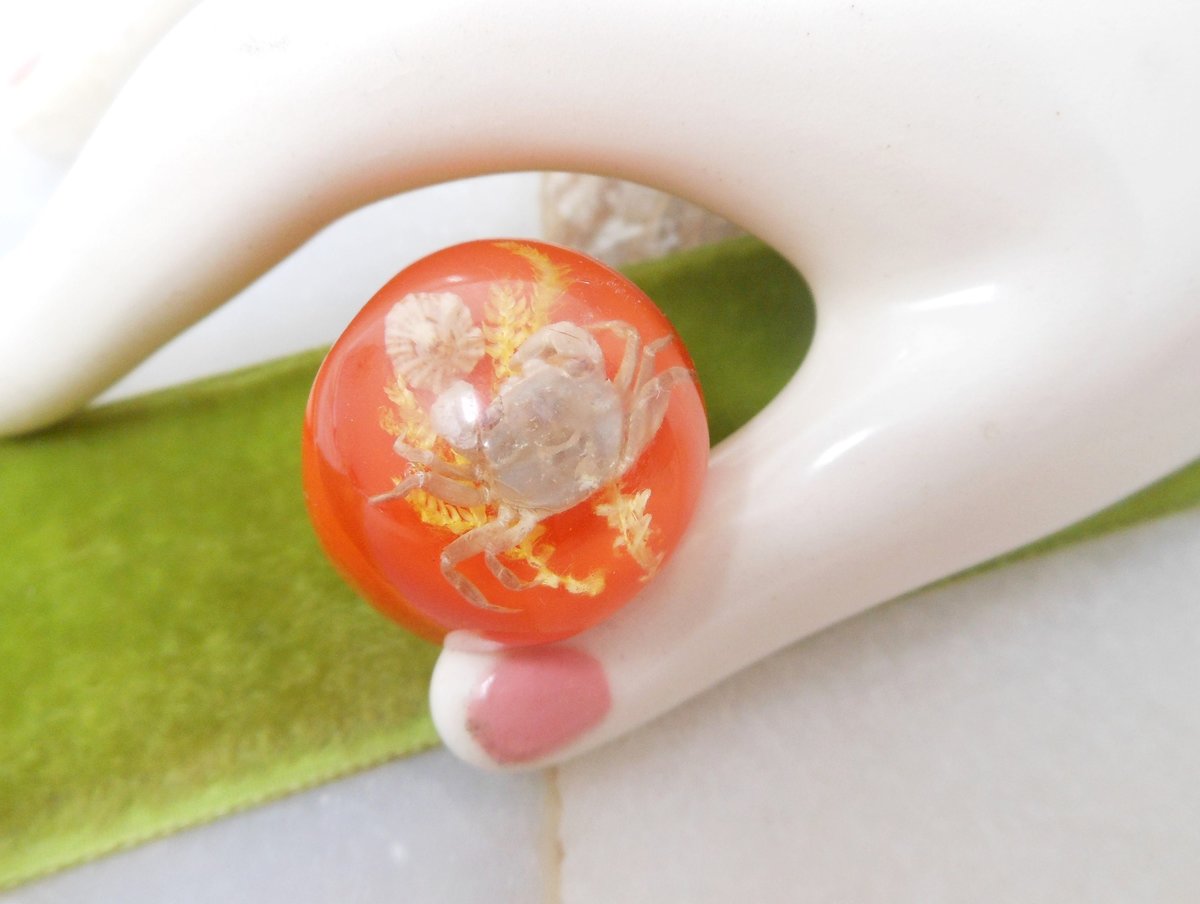 Vintage Orange Lucite Bubble Ring Real Crab Beach Mod Plastic Chunky Groovy Funky Size 9 Mid Century Jewelry Gift, VivianJoel.com