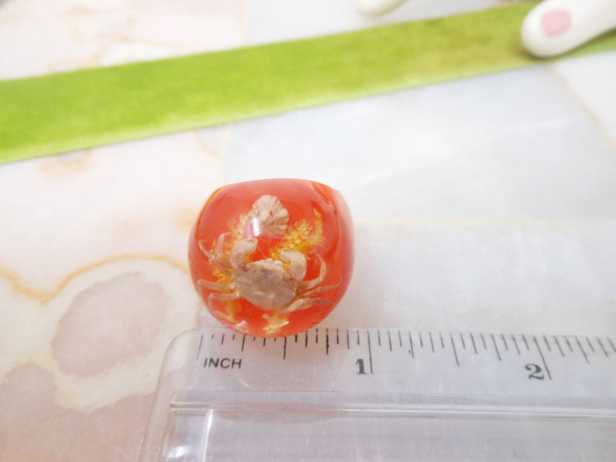 Vintage Orange Lucite Bubble Ring Real Crab Beach Mod Plastic Chunky Groovy Funky Size 9 Mid Century Jewelry Gift, VivianJoel.com