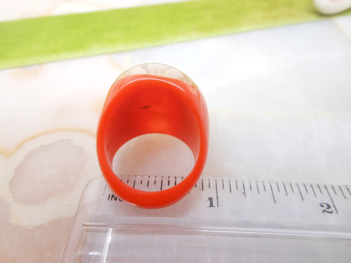 Vintage Orange Lucite Bubble Ring Real Crab Beach Mod Plastic Chunky Groovy Funky Size 9 Mid Century Jewelry Gift, VivianJoel.com