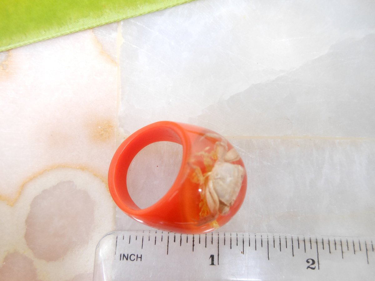 Vintage Orange Lucite Bubble Ring Real Crab Beach Mod Plastic Chunky Groovy Funky Size 9 Mid Century Jewelry Gift, VivianJoel.com