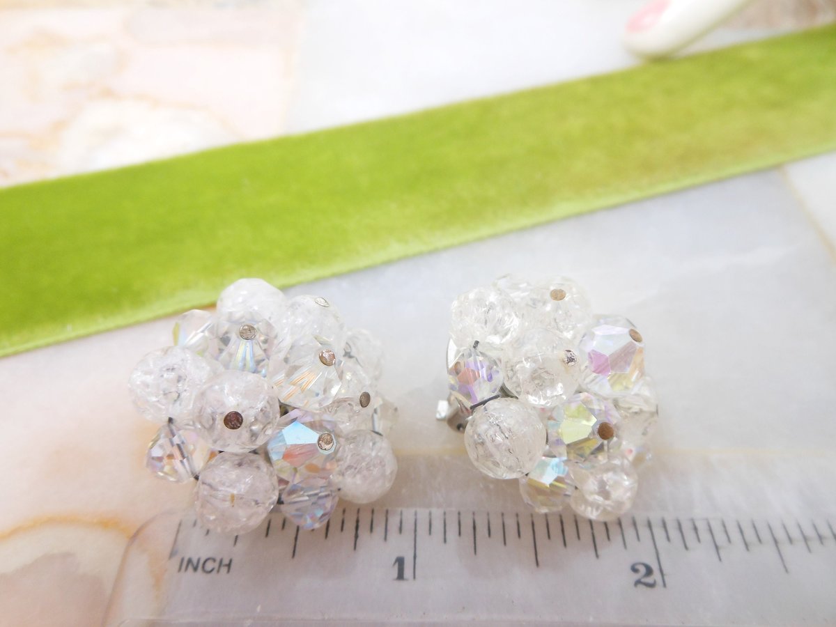 Vintage LAGUNA Snowball Earrings Clip On Crystal Cluster Bead Designer Plastic Crackle White Wedding Jewelry Mid Century, VivianJoel.com