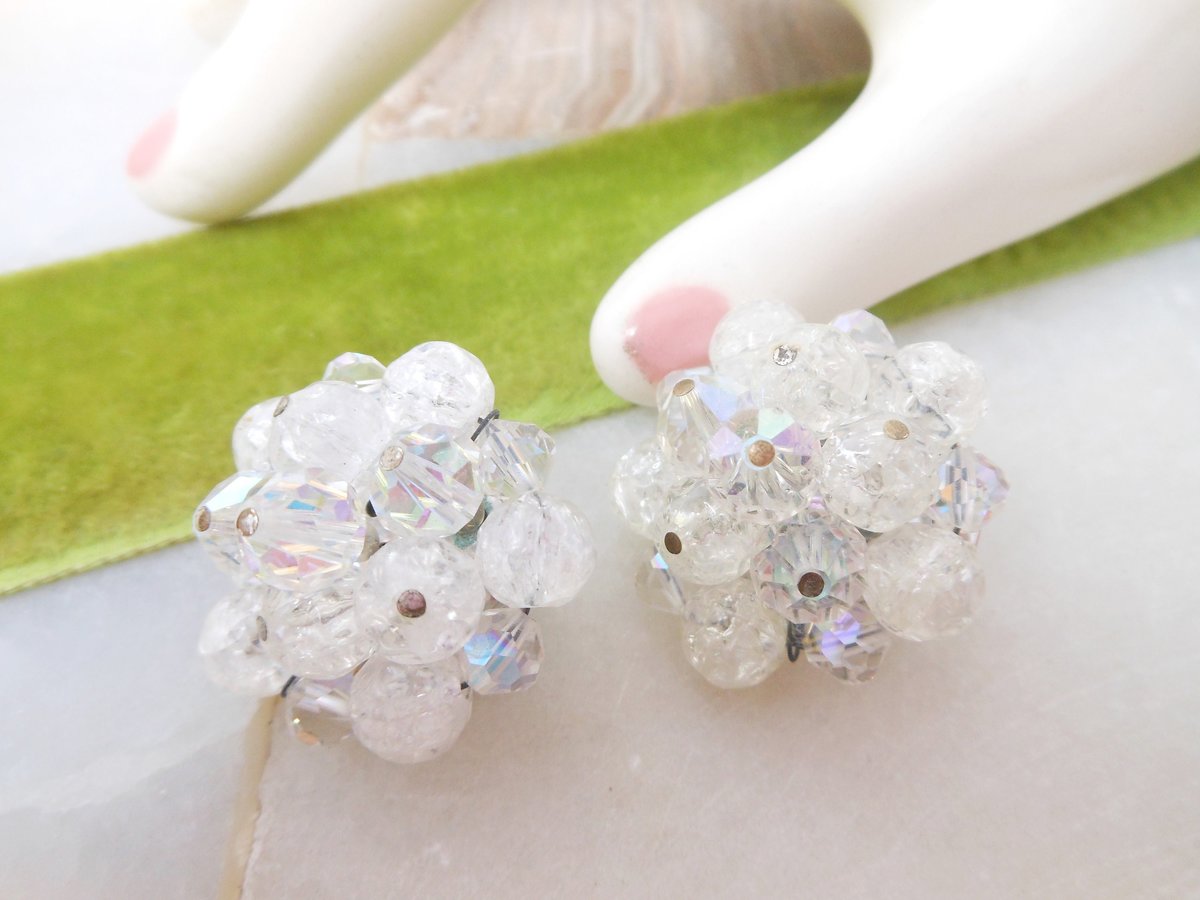 Vintage LAGUNA Snowball Earrings Clip On Crystal Cluster Bead Designer Plastic Crackle White Wedding Jewelry Mid Century, VivianJoel.com