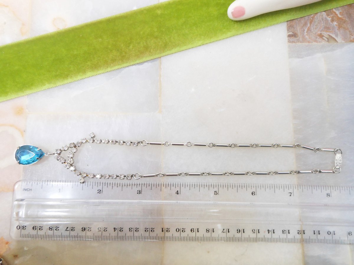 Vintage Rhinestone Necklace Blue Teardrop Pendant Everyday Glam Minimalist Mid Century Jewelry Gift, VivianJoel.com