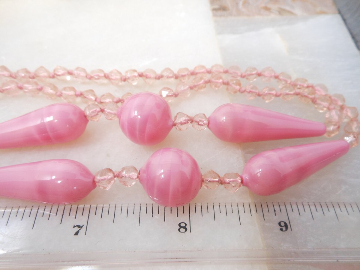 Vintage Art Deco Pink Necklace Tassel Pendant Venetian Murano Blown Glass Bead Hand Cut Long 32" Mid Century Jewelry Gift, VivianJoel.com