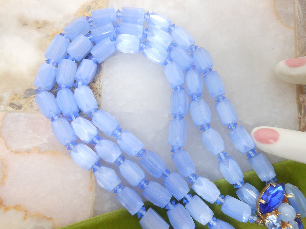 Vintage Blue Glass Necklace Three Stand Bib Frosted Bead Rhinestone Fancy Clasp Mid Century Jewelry Gift, VivianJoel.com