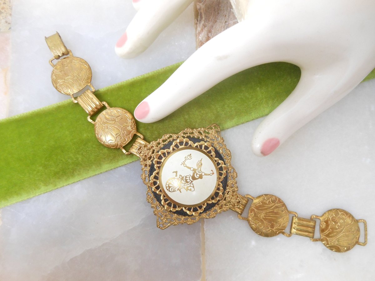 Vintage SIAM Dancing Goddess Bracelet Ornate Brass Enamel Niello Designer Mid Century Jewelry, VivianJoel.com
