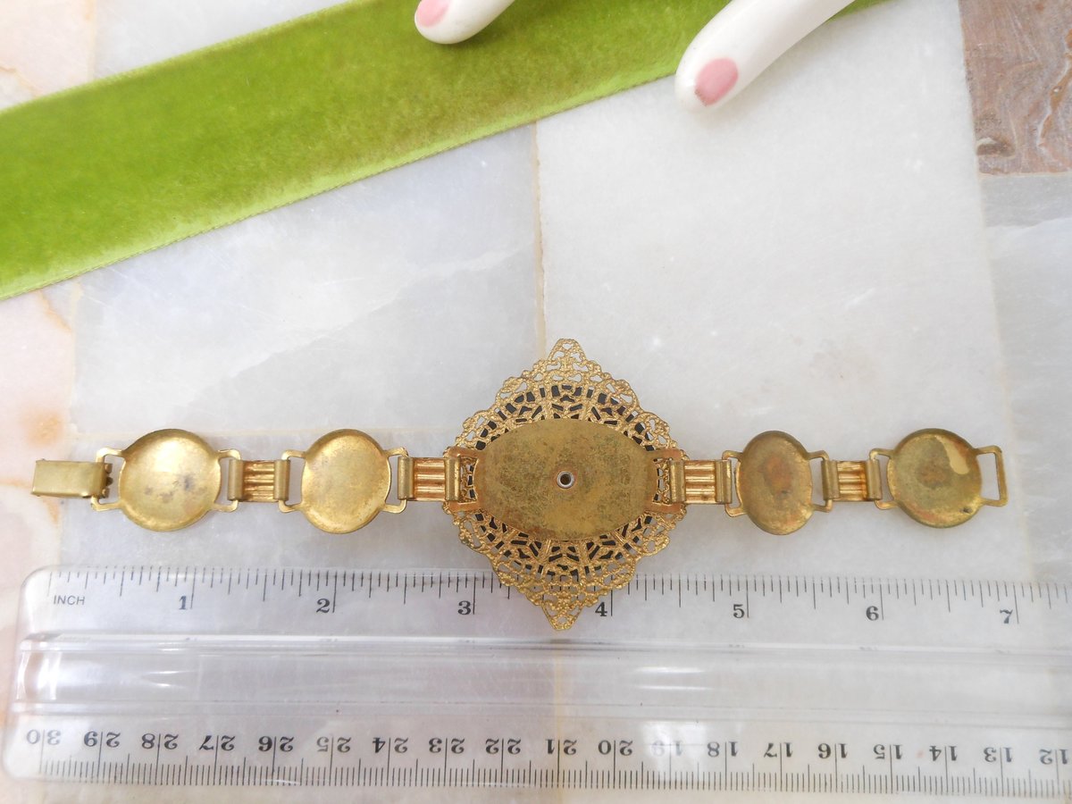 Vintage SIAM Dancing Goddess Bracelet Ornate Brass Enamel Niello Designer Mid Century Jewelry, VivianJoel.com