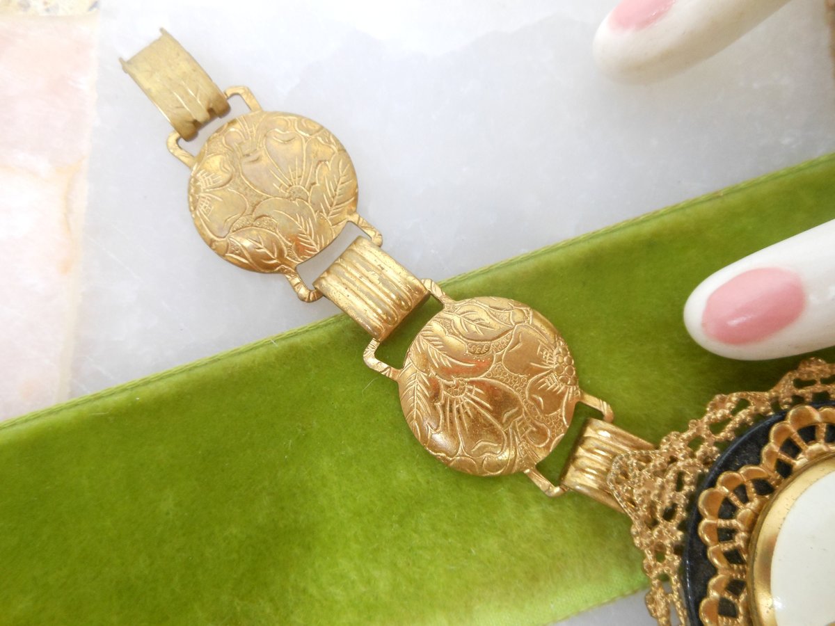 Vintage SIAM Dancing Goddess Bracelet Ornate Brass Enamel Niello Designer Mid Century Jewelry, VivianJoel.com