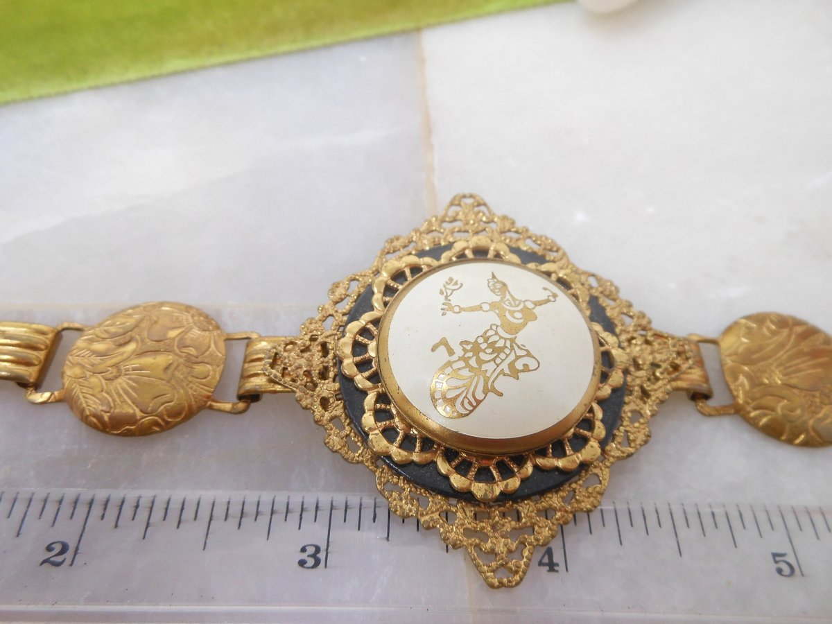 Vintage SIAM Dancing Goddess Bracelet Ornate Brass Enamel Niello Designer Mid Century Jewelry, VivianJoel.com