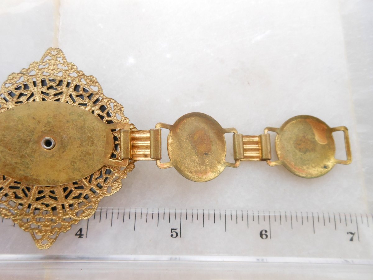 Vintage SIAM Dancing Goddess Bracelet Ornate Brass Enamel Niello Designer Mid Century Jewelry, VivianJoel.com