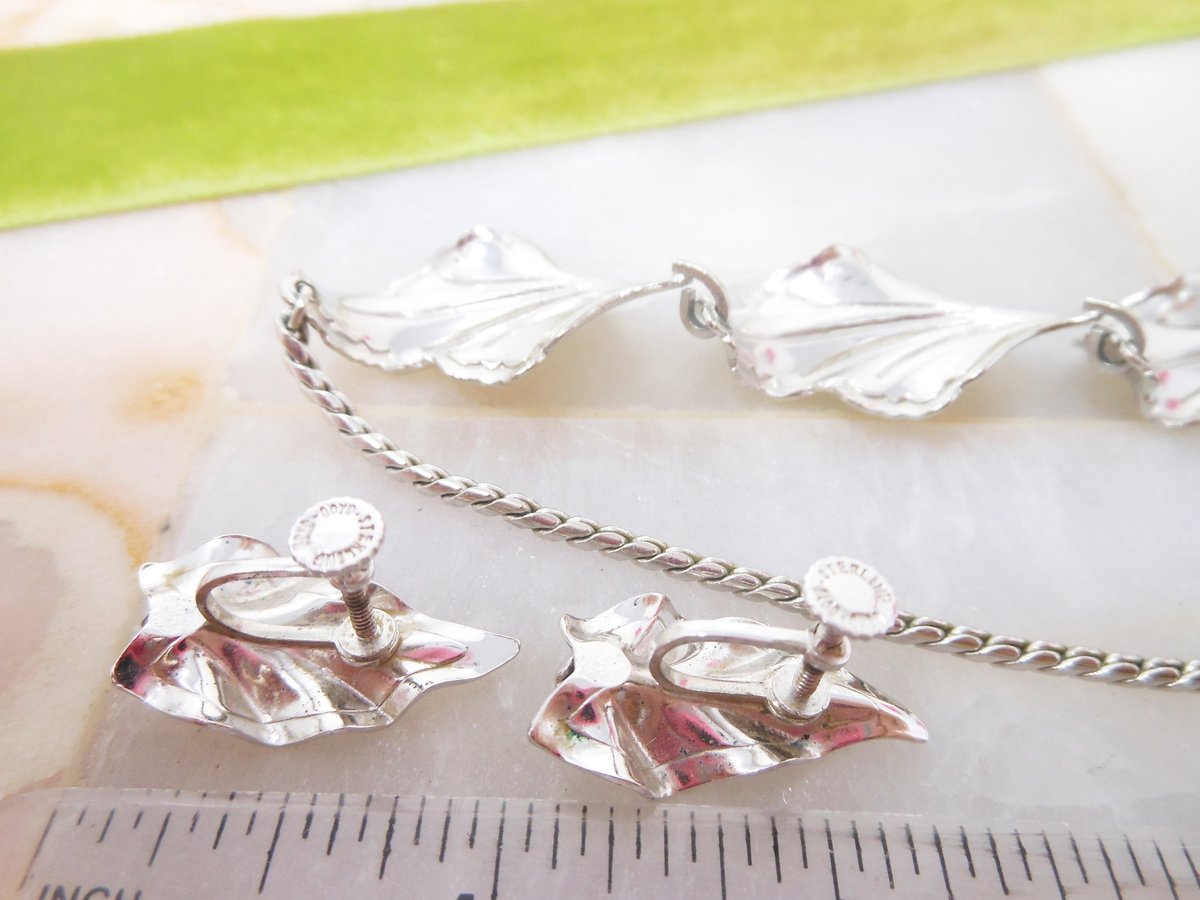 Vintage STERLING Silver Necklace Earrings Set BOND BOYD Screw Back 925 Ruffled Leaf Designer Mid Century Jewelry Gift, VivianJoel.com