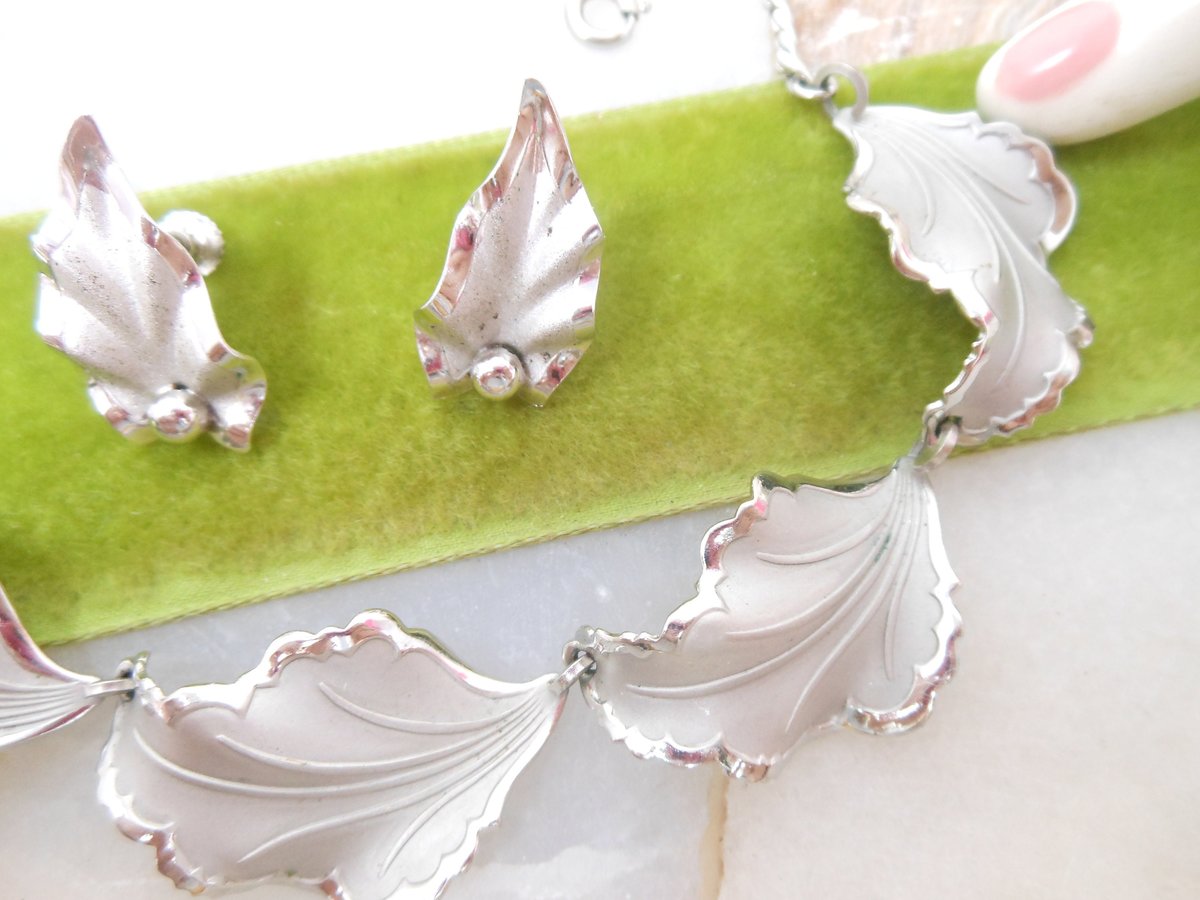 Vintage STERLING Silver Necklace Earrings Set BOND BOYD Screw Back 925 Ruffled Leaf Designer Mid Century Jewelry Gift, VivianJoel.com