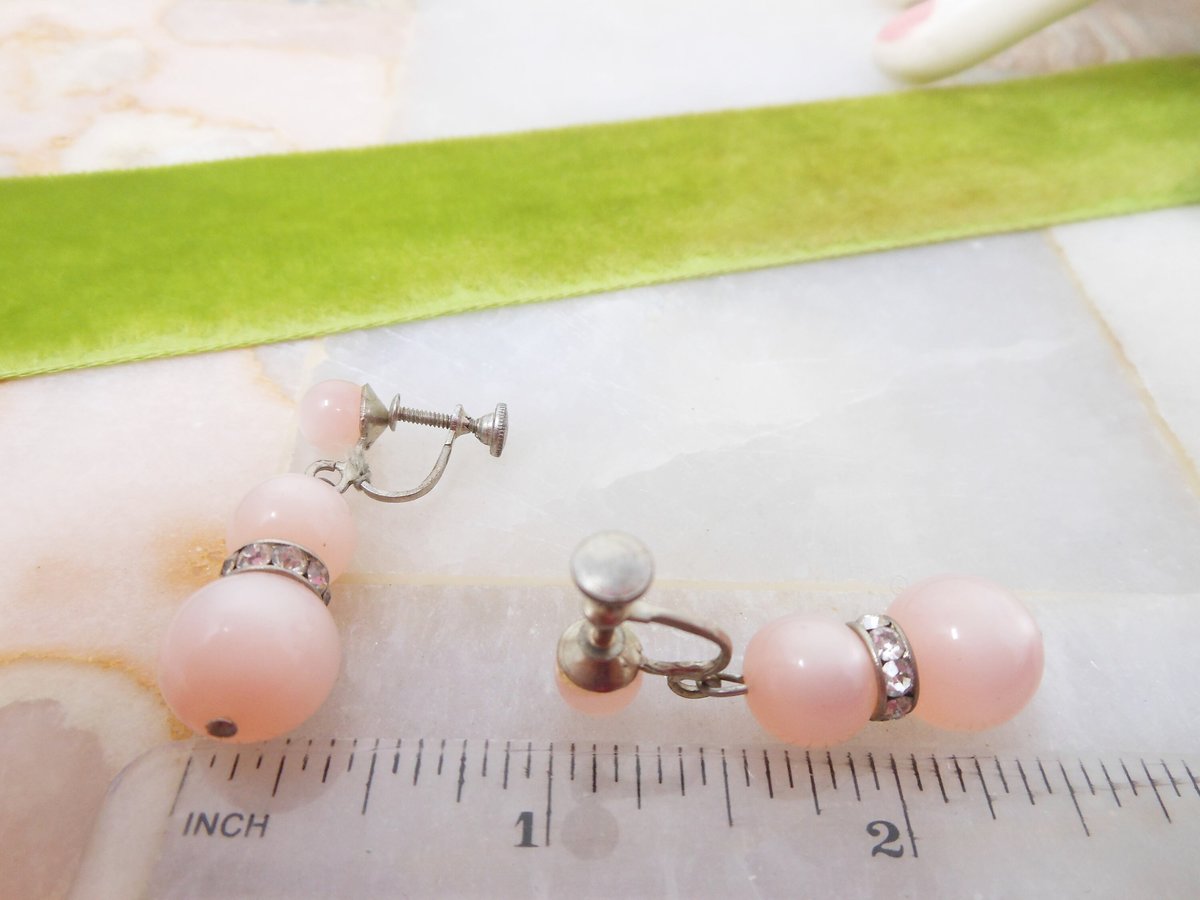 Vintage Pink Earrings Moonglow Bead Screw Back Rhinestone Rondelle Plastic Dangle Drop Jewelry Gift Mid Century, VivianJoel.com