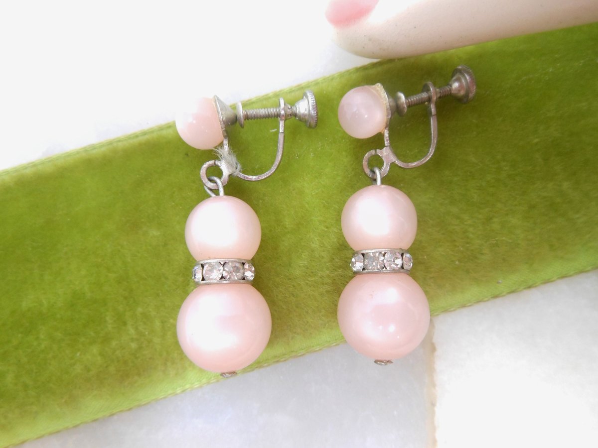 Vintage Pink Earrings Moonglow Bead Screw Back Rhinestone Rondelle Plastic Dangle Drop Jewelry Gift Mid Century, VivianJoel.com