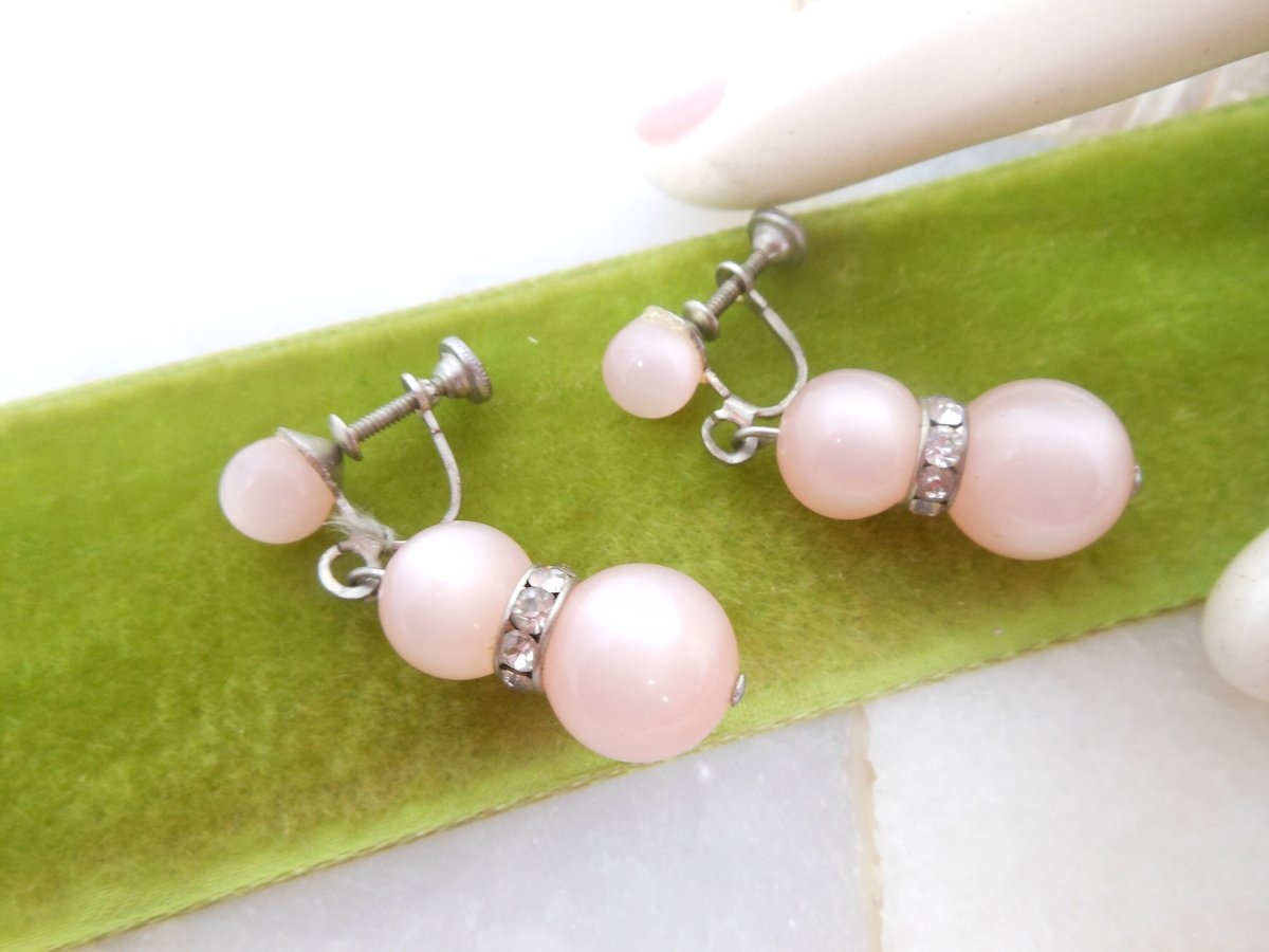 Vintage Pink Earrings Moonglow Bead Screw Back Rhinestone Rondelle Plastic Dangle Drop Jewelry Gift Mid Century, VivianJoel.com