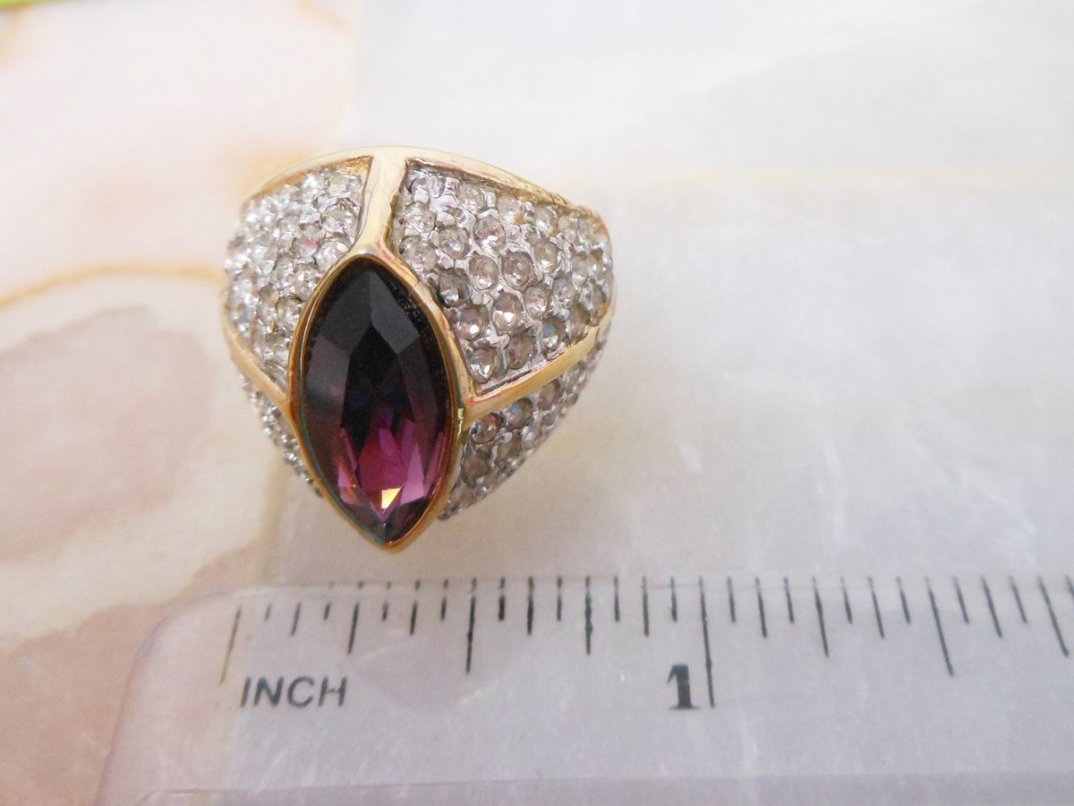 Vintage BLANCA Statement Ring Pave Crystal Rhinestone Amethyst Purple Designer Jewelry Gift Size 7.5 Chunky Runway 80s, VivianJoel.com