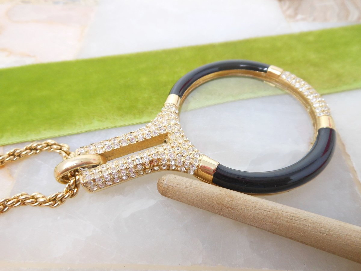 Vintage CHRISTIAN DIOR Germany Lorgnette Pendant Necklace Magnifier Glass Pave Crystal Black Enamel Designer Jewelry MCM, VivianJoel.com