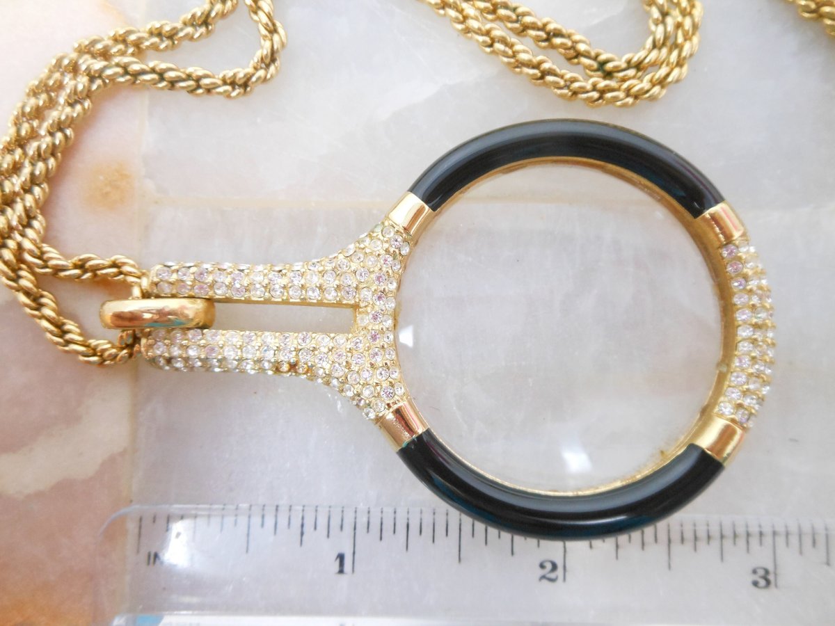 Vintage CHRISTIAN DIOR Germany Lorgnette Pendant Necklace Magnifier Glass Pave Crystal Black Enamel Designer Jewelry MCM, VivianJoel.com