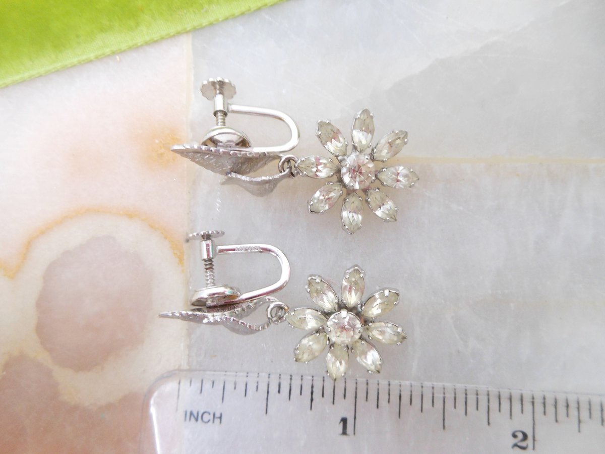 Vintage KREMENTZ Earrings Crystal Flower Designer Screw Back Gold Overlay Daisy Dangle Drop Original Box Mid Century Jewelry, VivianJoel.com
