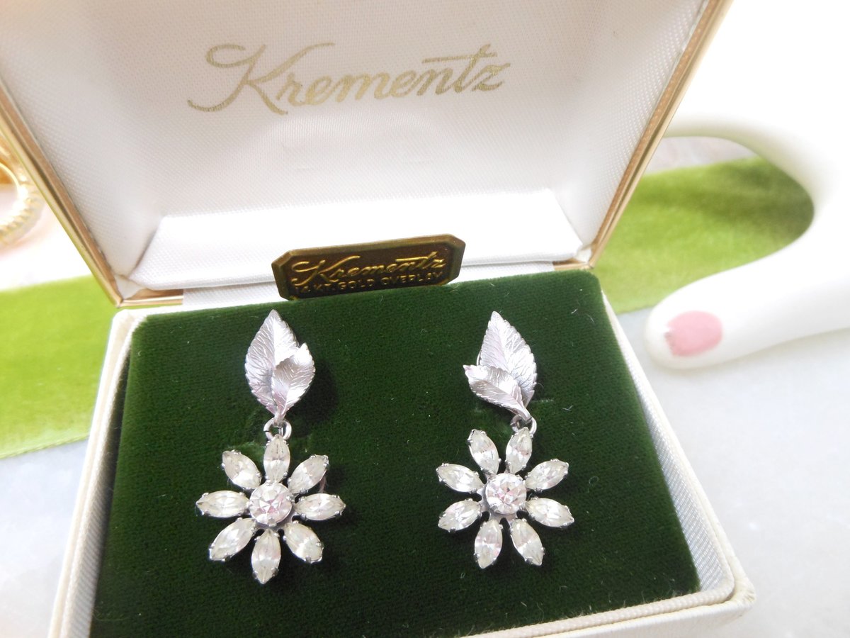 Vintage KREMENTZ Earrings Crystal Flower Designer Screw Back Gold Overlay Daisy Dangle Drop Original Box Mid Century Jewelry, VivianJoel.com