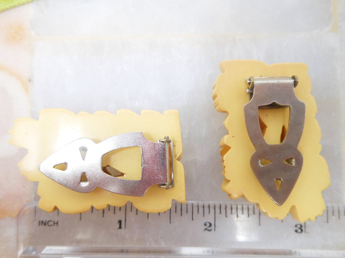 Vintage BAKELITE Dress Clip Pin Set Brooch Pair Cream Corn Yellow Butterscotch Deep Carved Old Plastic Jewelry Art Deco Gift, VivianJoel.com