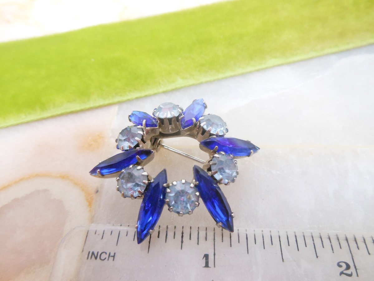 Vintage Blue Rhinestone Brooch Starburst Pin Sapphire Petite Wreath Infinity Circle Mid Century Jewelry Gift, VivianJoel.com