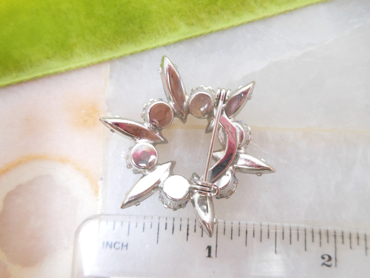 Vintage Blue Rhinestone Brooch Starburst Pin Sapphire Petite Wreath Infinity Circle Mid Century Jewelry Gift, VivianJoel.com