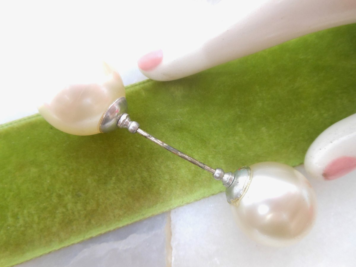 Vintage Art Deco Glass Pearl Hat Dress Stick Pin Brooch Double End Jabot Victorian Jewelry Gift Mid Century, VivianJoel.com