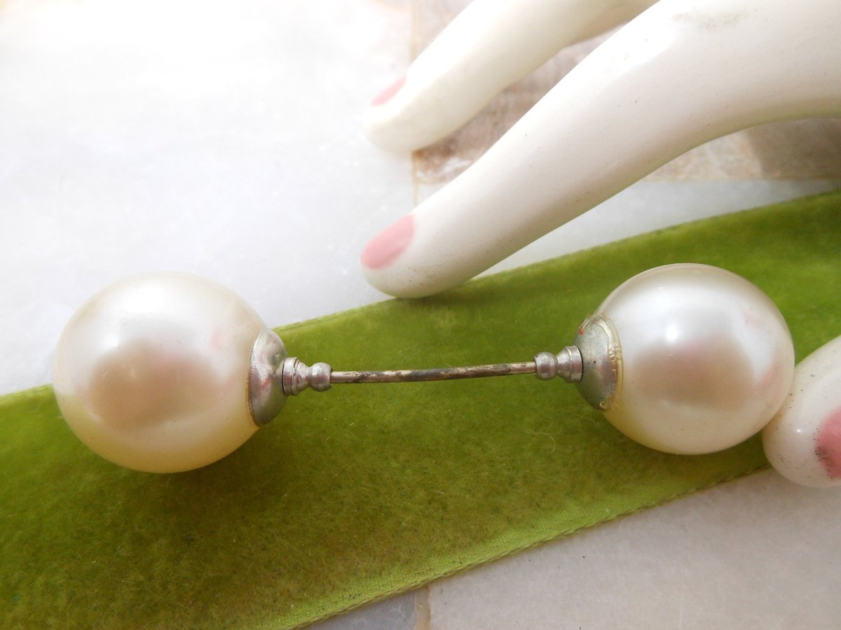 Vintage Art Deco Glass Pearl Hat Dress Stick Pin Brooch Double End Jabot Victorian Jewelry Gift Mid Century, VivianJoel.com