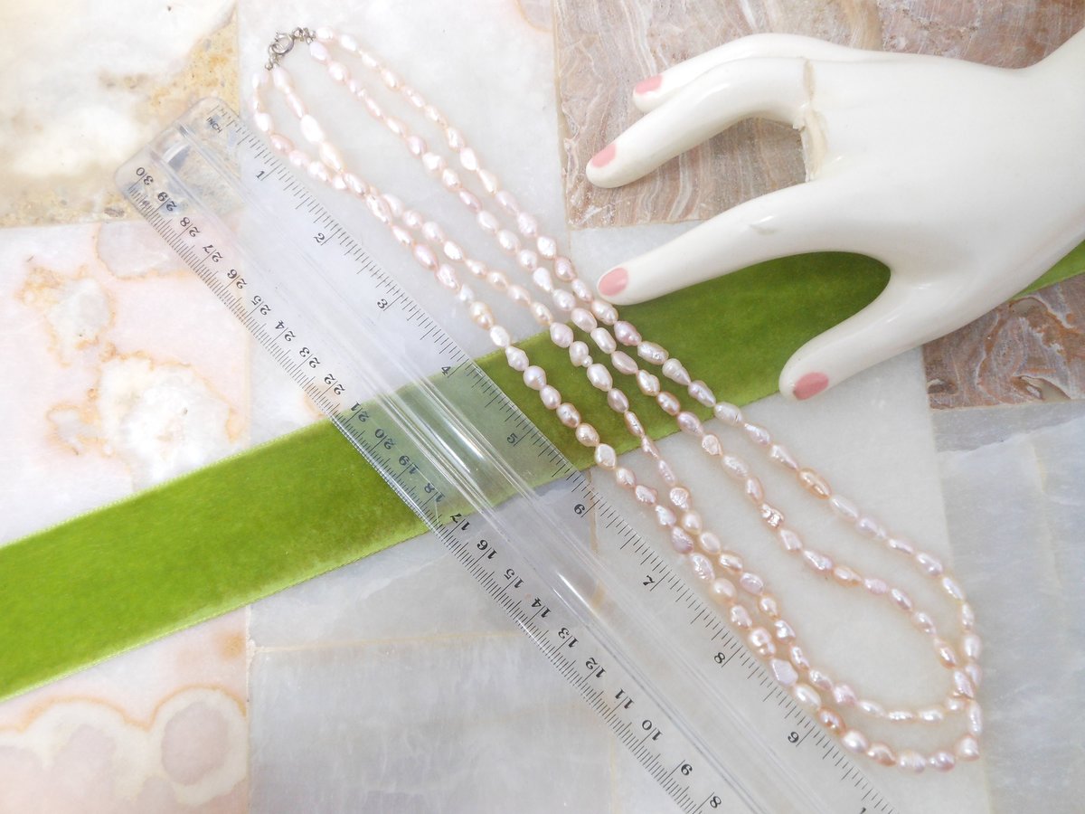 Vintage Pearl Necklace Blush Pink Fresh Water Bead Delicate Two Strand Sterling Silver Clasp Beach Wedding Mid Century Gift, VivianJoel.com