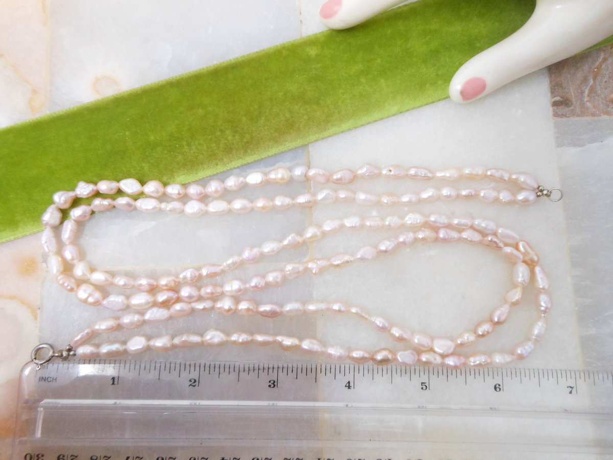 Vintage Pearl Necklace Blush Pink Fresh Water Bead Delicate Two Strand Sterling Silver Clasp Beach Wedding Mid Century Gift, VivianJoel.com