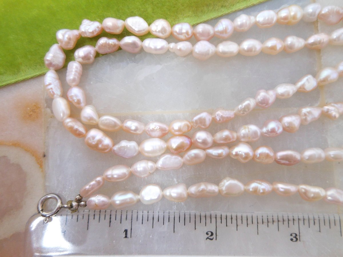 Vintage Pearl Necklace Blush Pink Fresh Water Bead Delicate Two Strand Sterling Silver Clasp Beach Wedding Mid Century Gift, VivianJoel.com