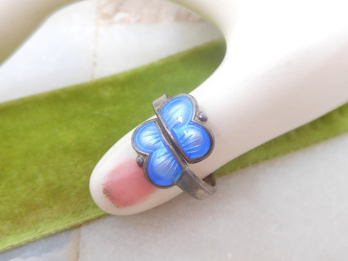 Vintage NORWAY Sterling Silver Ring Blue Enamel Guilloche Aksel Holmsen Modernist Mid Century Size 5.5 MCM Jewelry Gift, VivianJoel.com