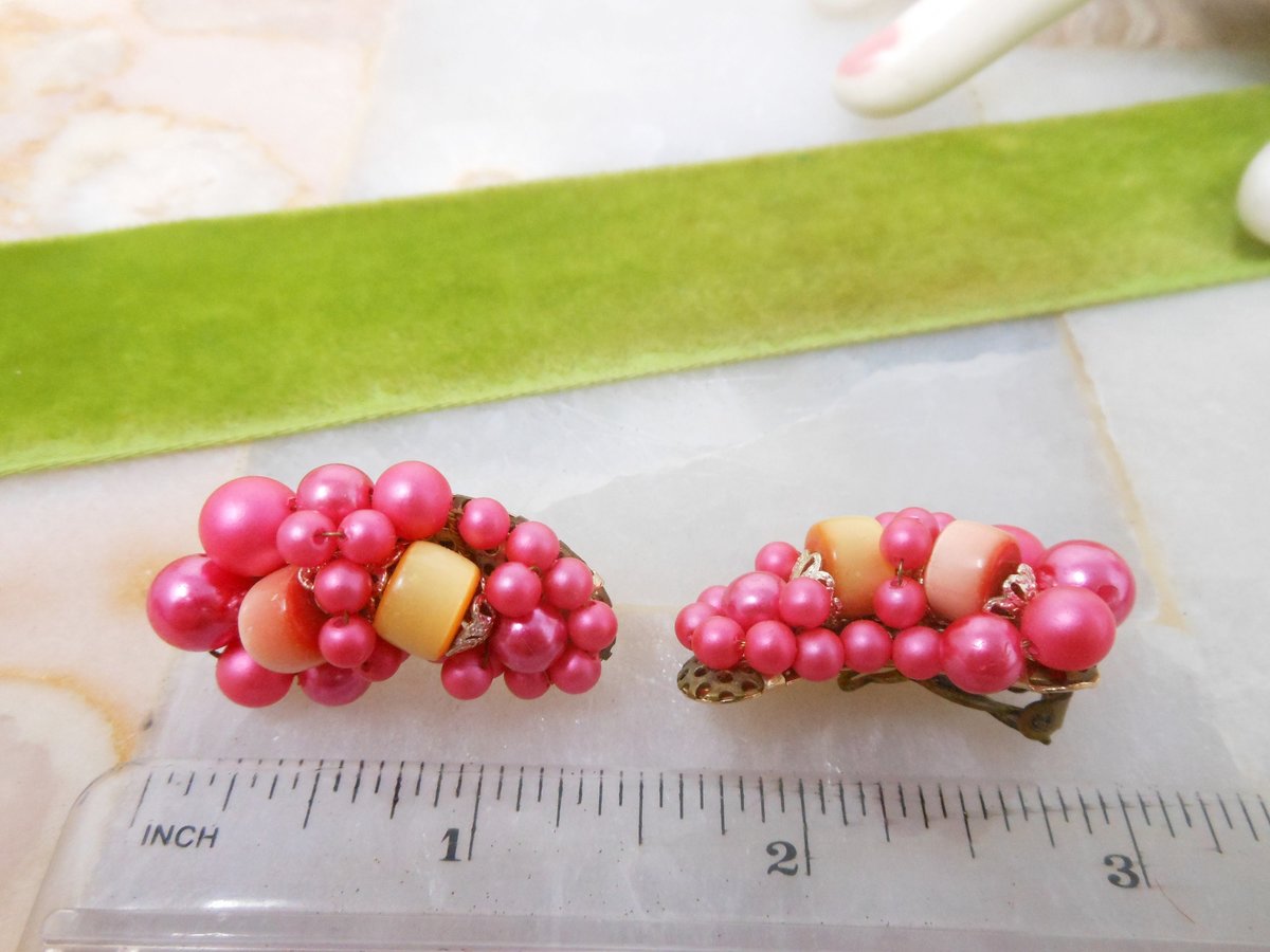 Vintage Pink Earrings Plastic Bead Cluster Clip On Ear Climbers Jewelry Japan Mid Century, VivianJoel.com
