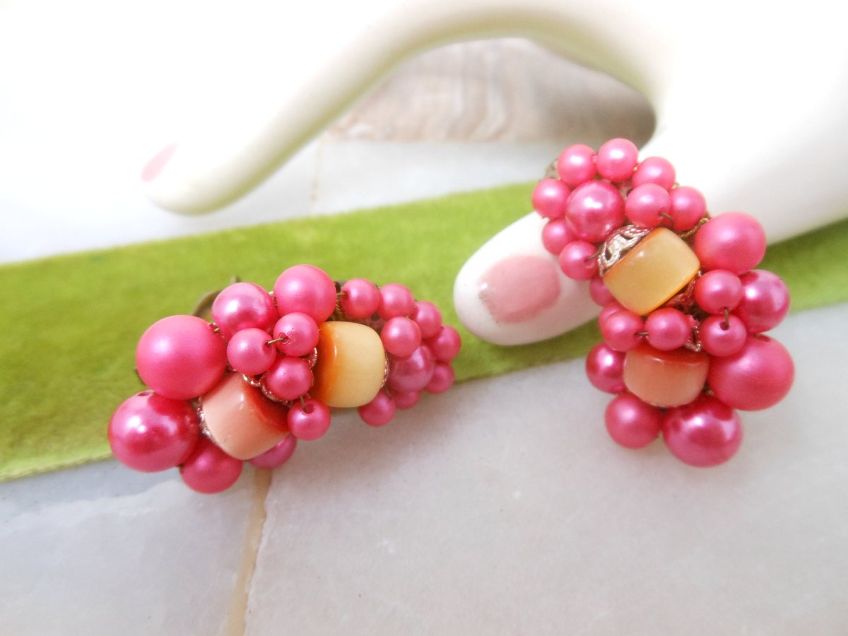Vintage Pink Earrings Plastic Bead Cluster Clip On Ear Climbers Jewelry Japan Mid Century, VivianJoel.com