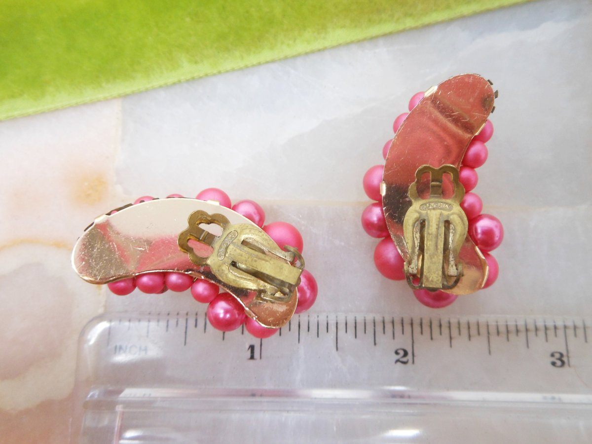 Vintage Pink Earrings Plastic Bead Cluster Clip On Ear Climbers Jewelry Japan Mid Century, VivianJoel.com
