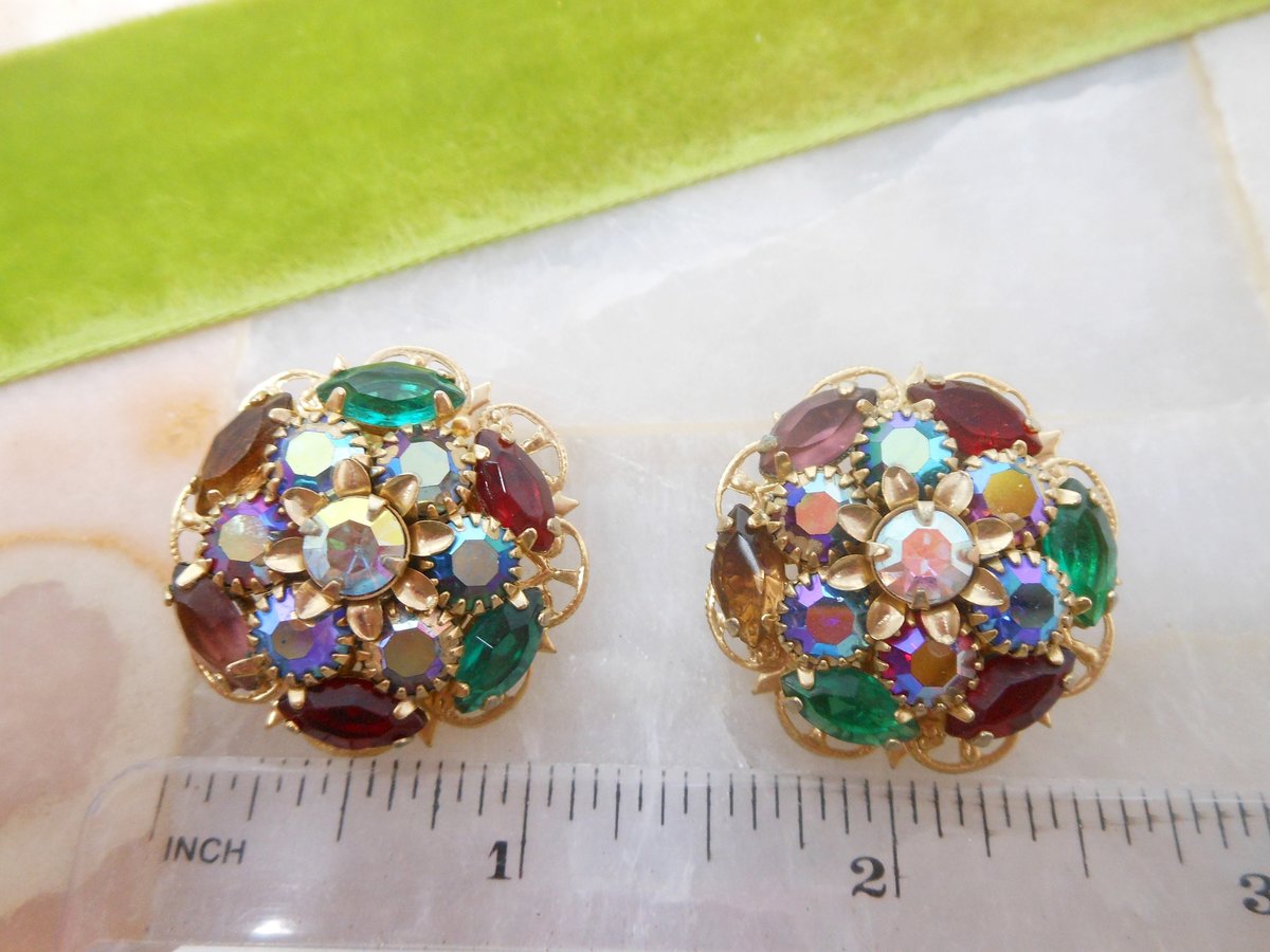 Vintage Fruit Salad Earrings Rhinestone Crystal Clip On Ornate Victorian Regency Revival Mid Century Jewelry Gift, VivianJoel.com