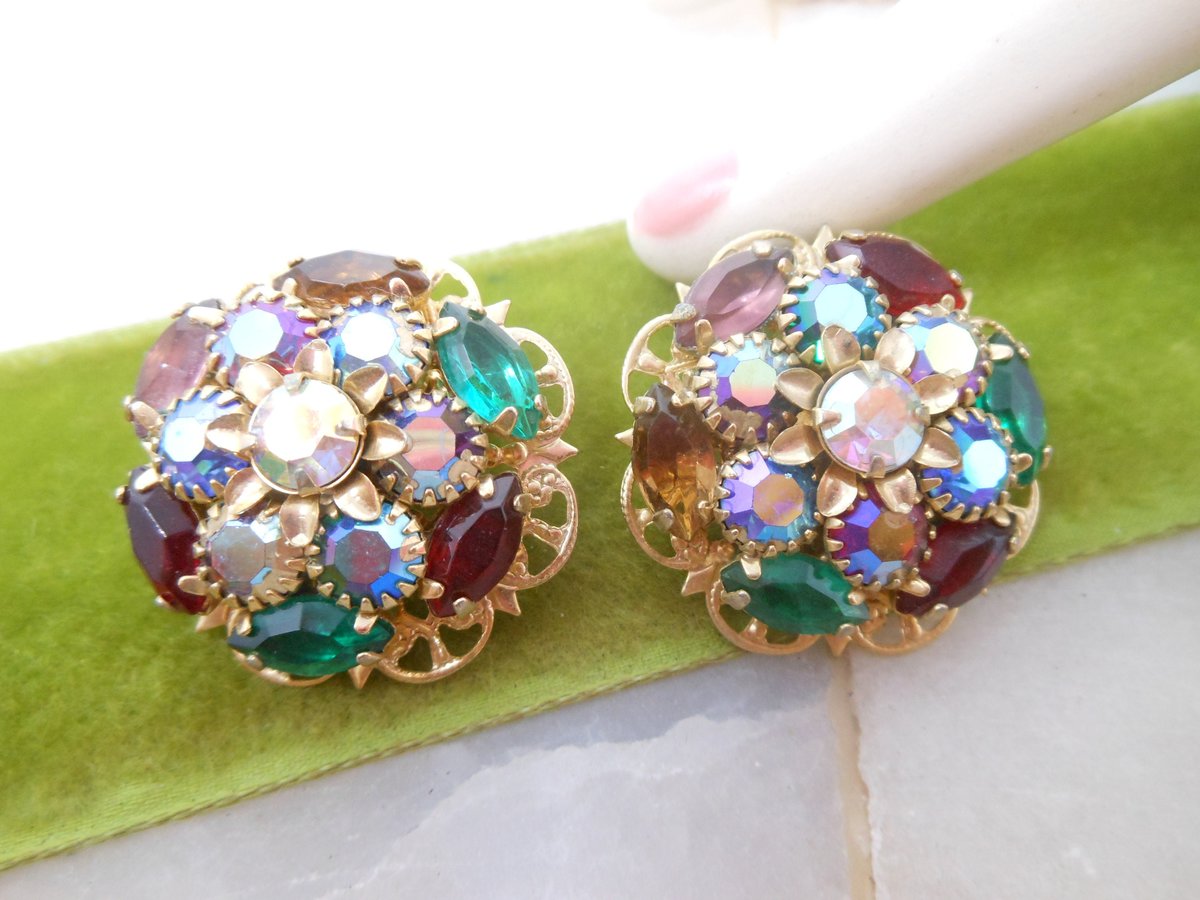 Vintage Fruit Salad Earrings Rhinestone Crystal Clip On Ornate Victorian Regency Revival Mid Century Jewelry Gift, VivianJoel.com