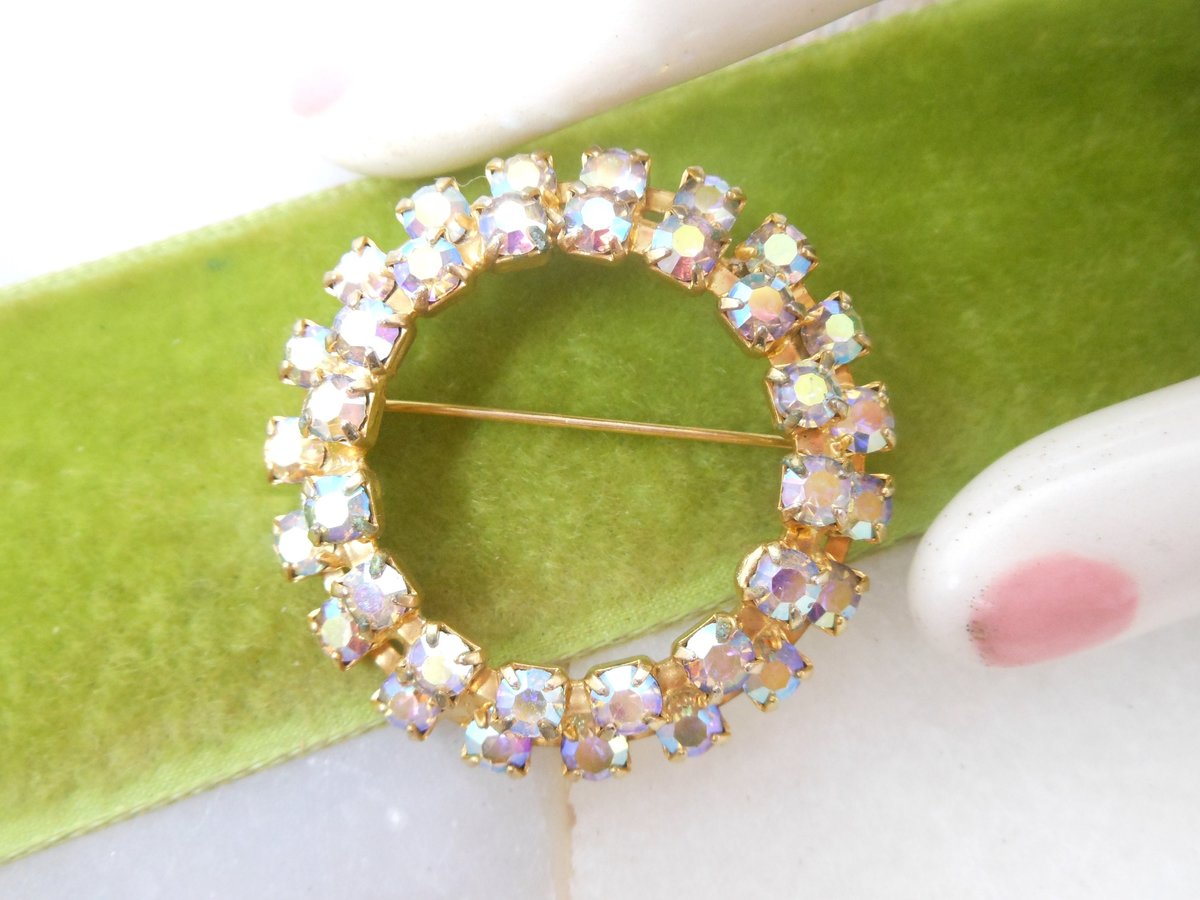 Vintage Rhinestone Circle Brooch Wreath Rainbow Sparkle Pin Aurora Borealis Mid Century Jewelry Gift, VivianJoel.com