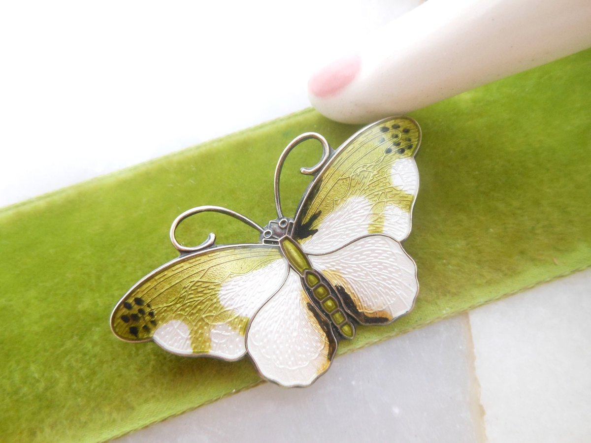 Vintage Norway STERLING SILVER Butterfly Pin Brooch Hroar Prydz Enamel Guilloche Figural 925 Mid Century Jewelry *as is*, VivianJoel.com