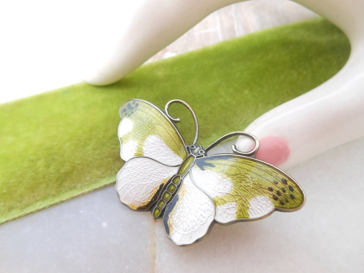 Vintage Norway STERLING SILVER Butterfly Pin Brooch Hroar Prydz Enamel Guilloche Figural 925 Mid Century Jewelry *as is*, VivianJoel.com