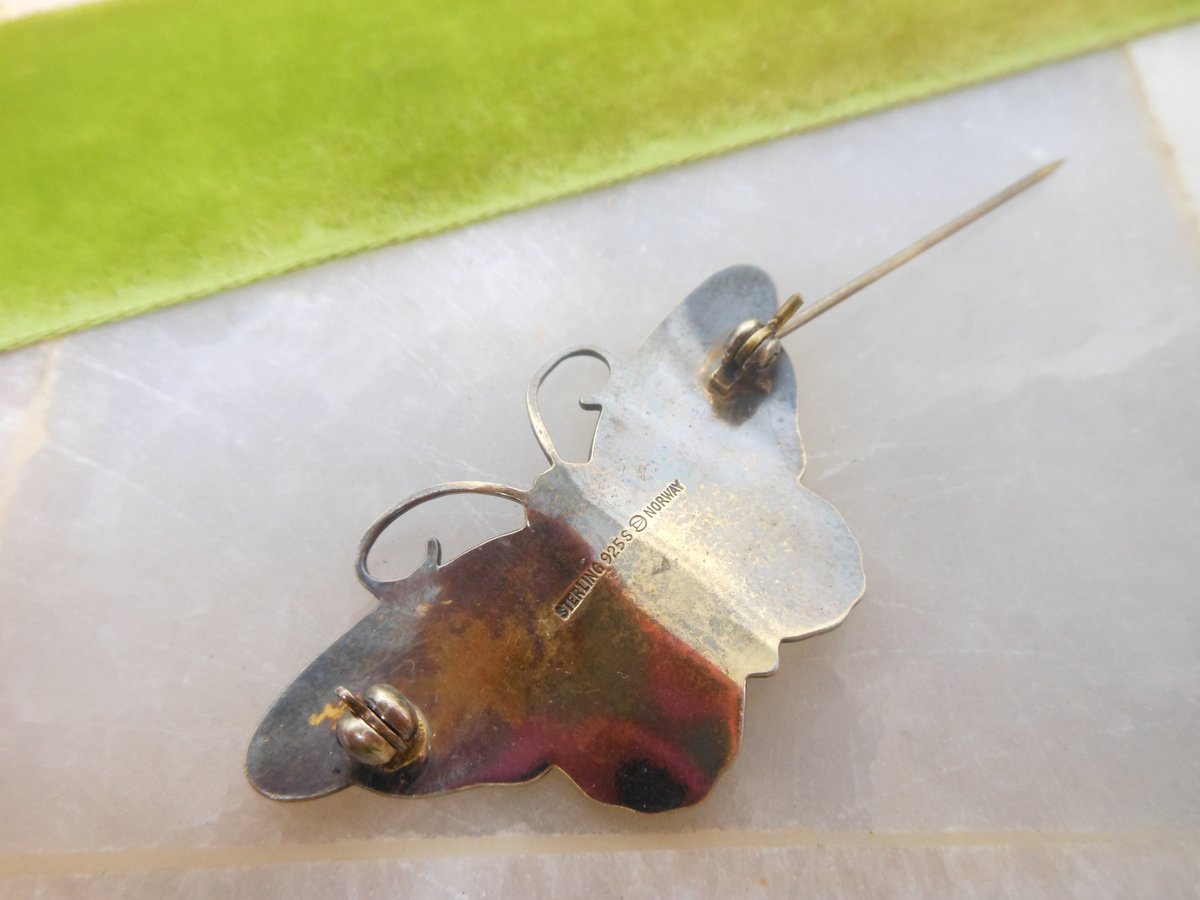 Vintage Norway STERLING SILVER Butterfly Pin Brooch Hroar Prydz Enamel Guilloche Figural 925 Mid Century Jewelry *as is*, VivianJoel.com