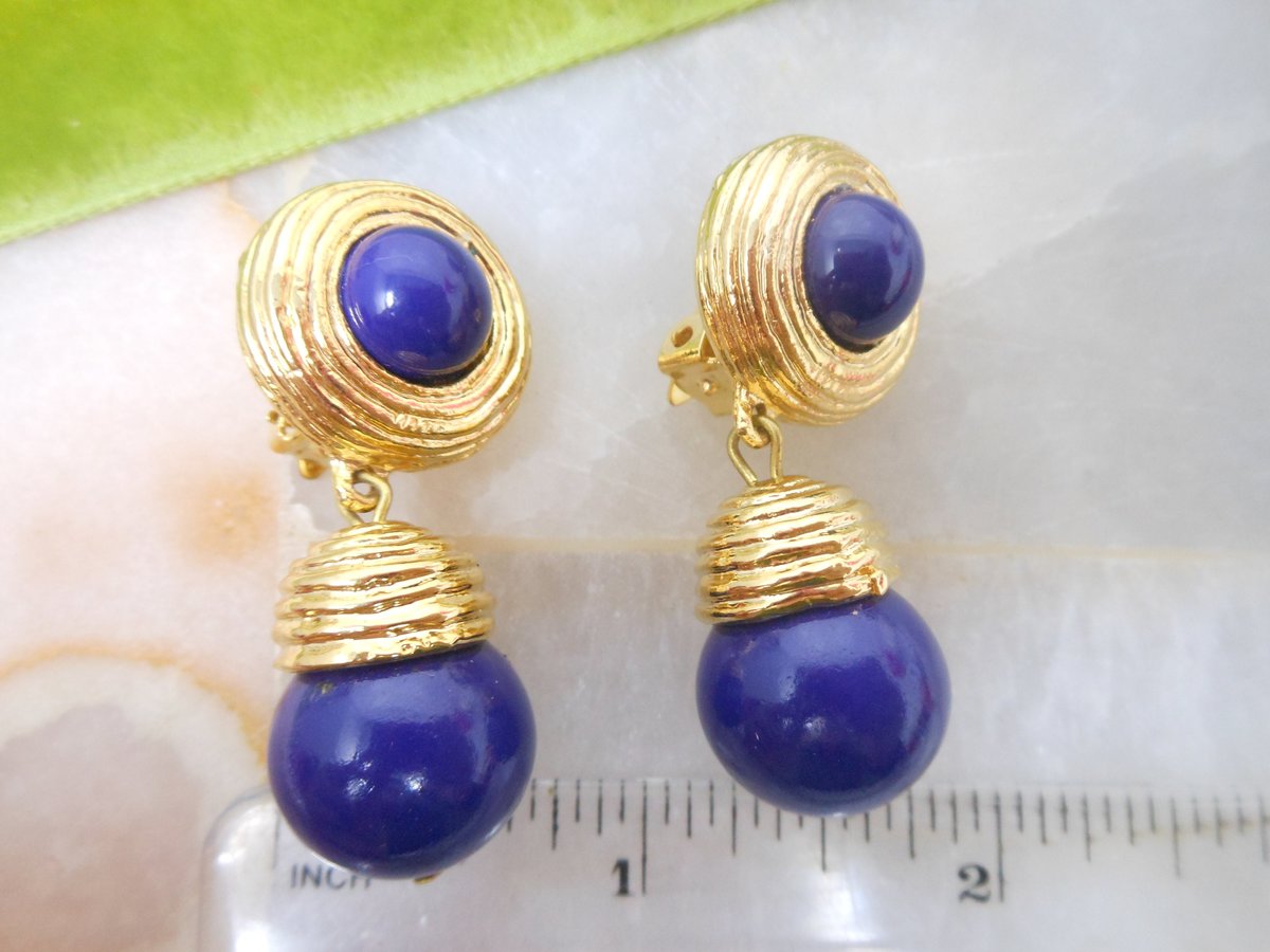Vintage Designer Statement Earrings Clip On Dangle Drop Navy Blue Lapis Mid Century Gold Plate Jewelry, VivianJoel.com