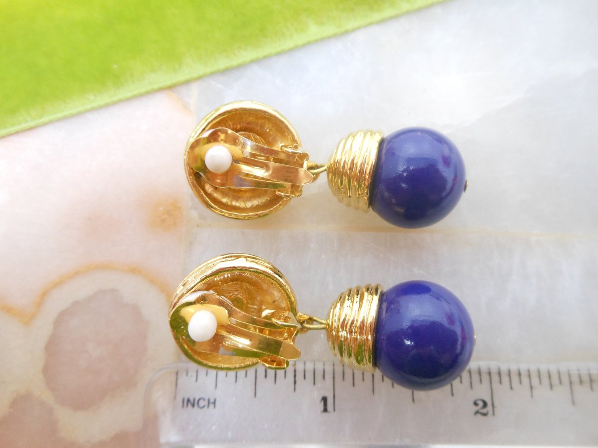 Vintage Designer Statement Earrings Clip On Dangle Drop Navy Blue Lapis Mid Century Gold Plate Jewelry, VivianJoel.com