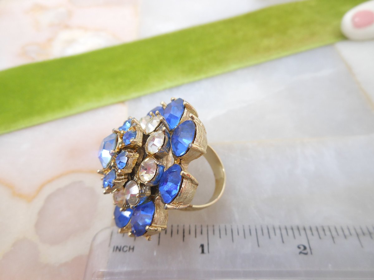 Vintage Chunky Big Ring Sapphire Blue Crystal Ring Party Cocktail Costume Statement Jewelry Gift Size 8,  VivianJoel.com