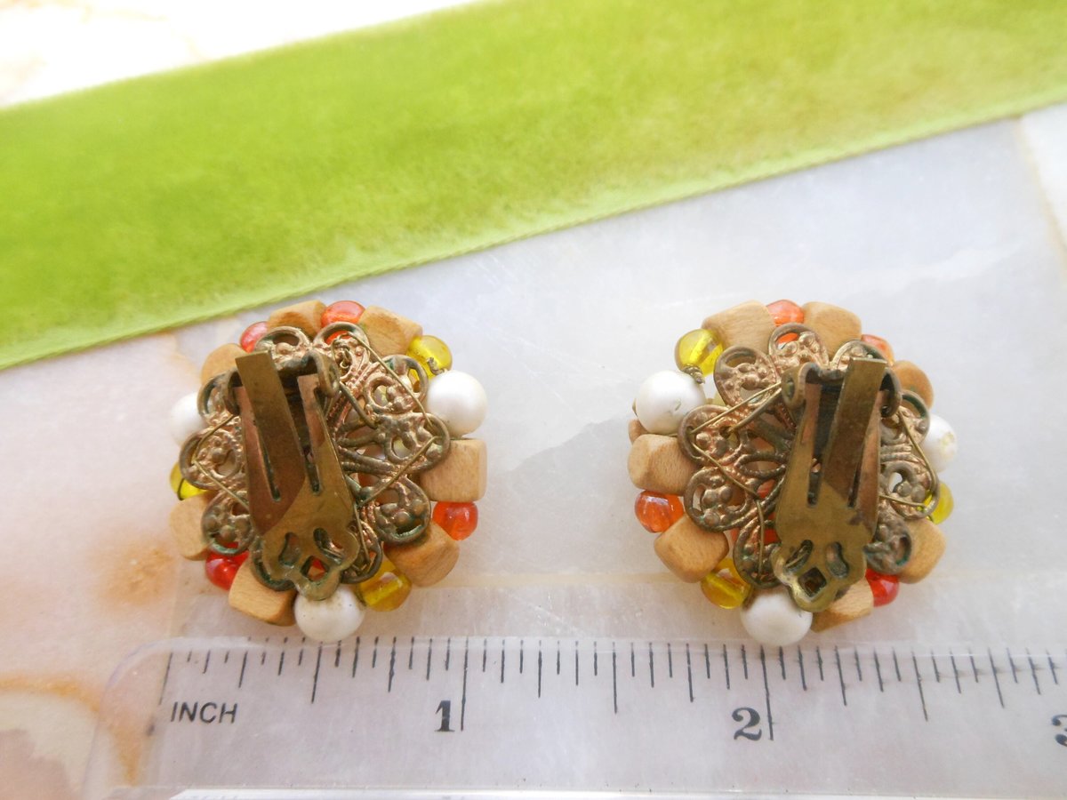 Vintage Orange Earrings Cluster Bead Clip On Glass Faux Pearl White Milk Glass Jewelry Gift Mid Century, VivianJoel.com