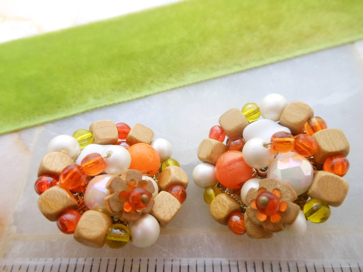 Vintage Orange Earrings Cluster Bead Clip On Glass Faux Pearl White Milk Glass Jewelry Gift Mid Century, VivianJoel.com