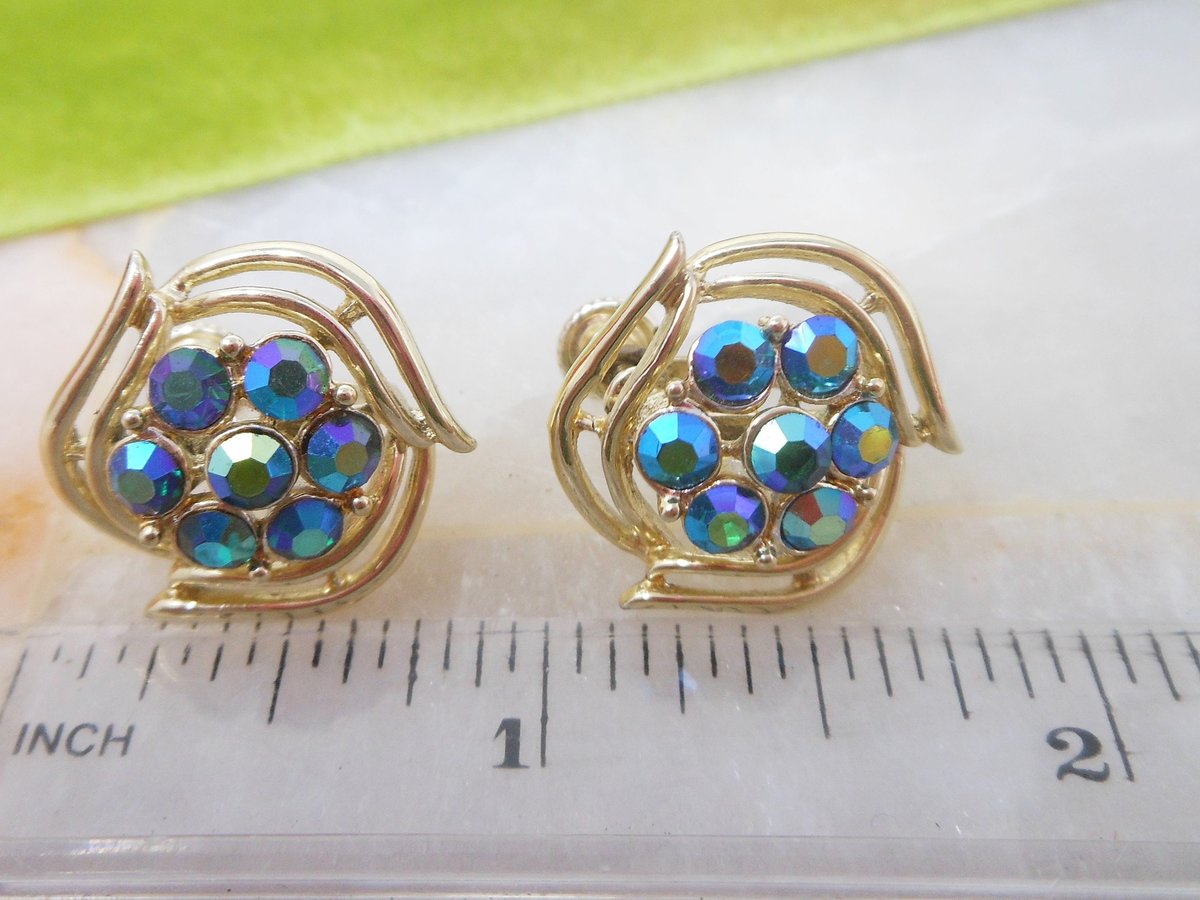 Vintage STAR Blue Rhinestone Earrings Screw Back Aurora Borealis Crystal Designer Mid Century Jewelry Gift, VivianJoel.com