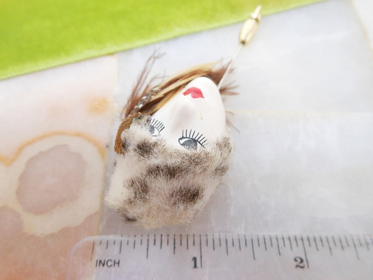 Vintage FRANCE Brooch Painted Face Art Deco Flapper Girl Pin Feather Mid Century Jewelry *as is*, VivianJoel.com